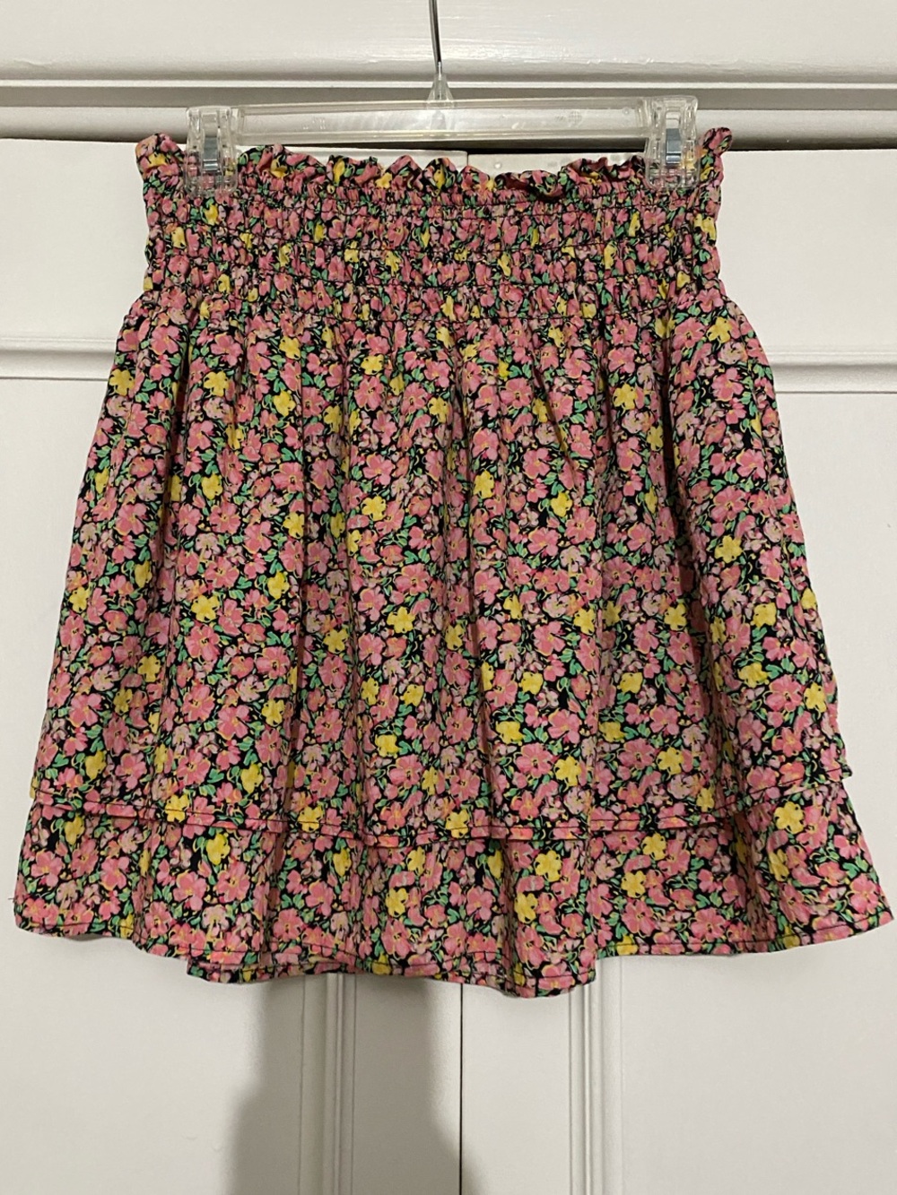 Vero Moda Pink Floral Smocked Mini Skirt with Yellow & Green Accents - size Med
